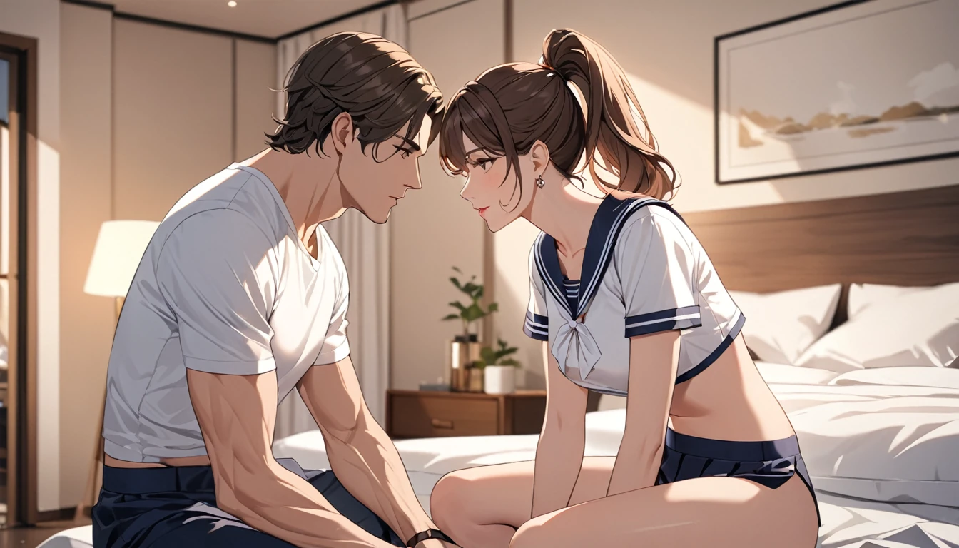 Highest quality masterpiece High resolution masterpiece a man together with a mature woman are sitting in the bedroom,The adult woman is wearing a crop top sailor uniform and men wear t-shirts, The woman wears a high ponytail and brown hair The woman was very beautiful and sexy