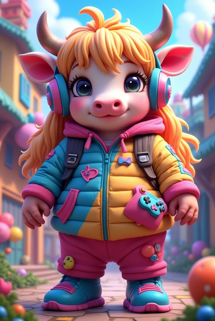 Plus size cow with blonde and pink long hair and kawaii gamer outfit