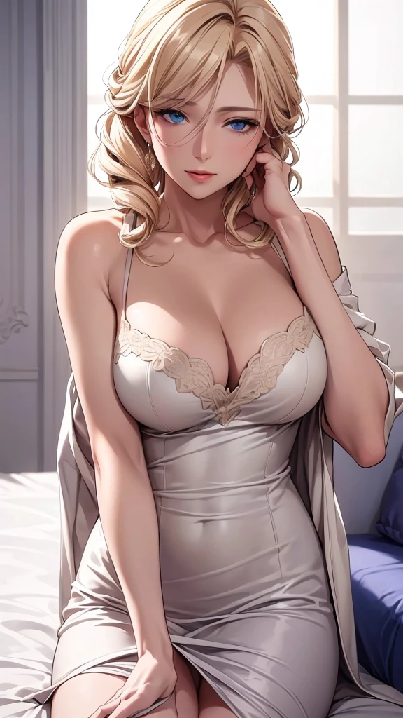 Elegant mature woman, Mature Woman, Dark blue eyes, Blonde, Soft Light, 4K resolution, high quality, Beautiful CG,20-year-old,