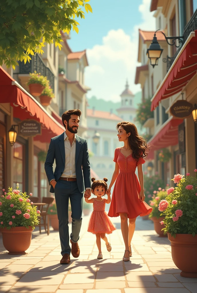 A couple with a daughter walking down a street