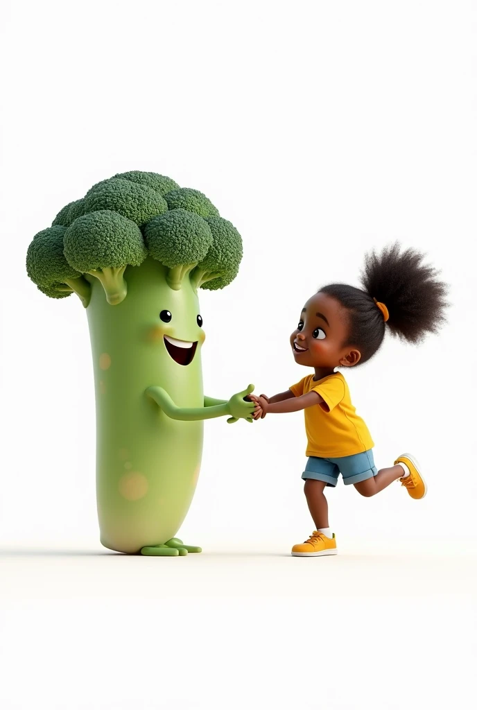 A happy smiling broccoli holding hands with a happy jumping little black girl, white background 