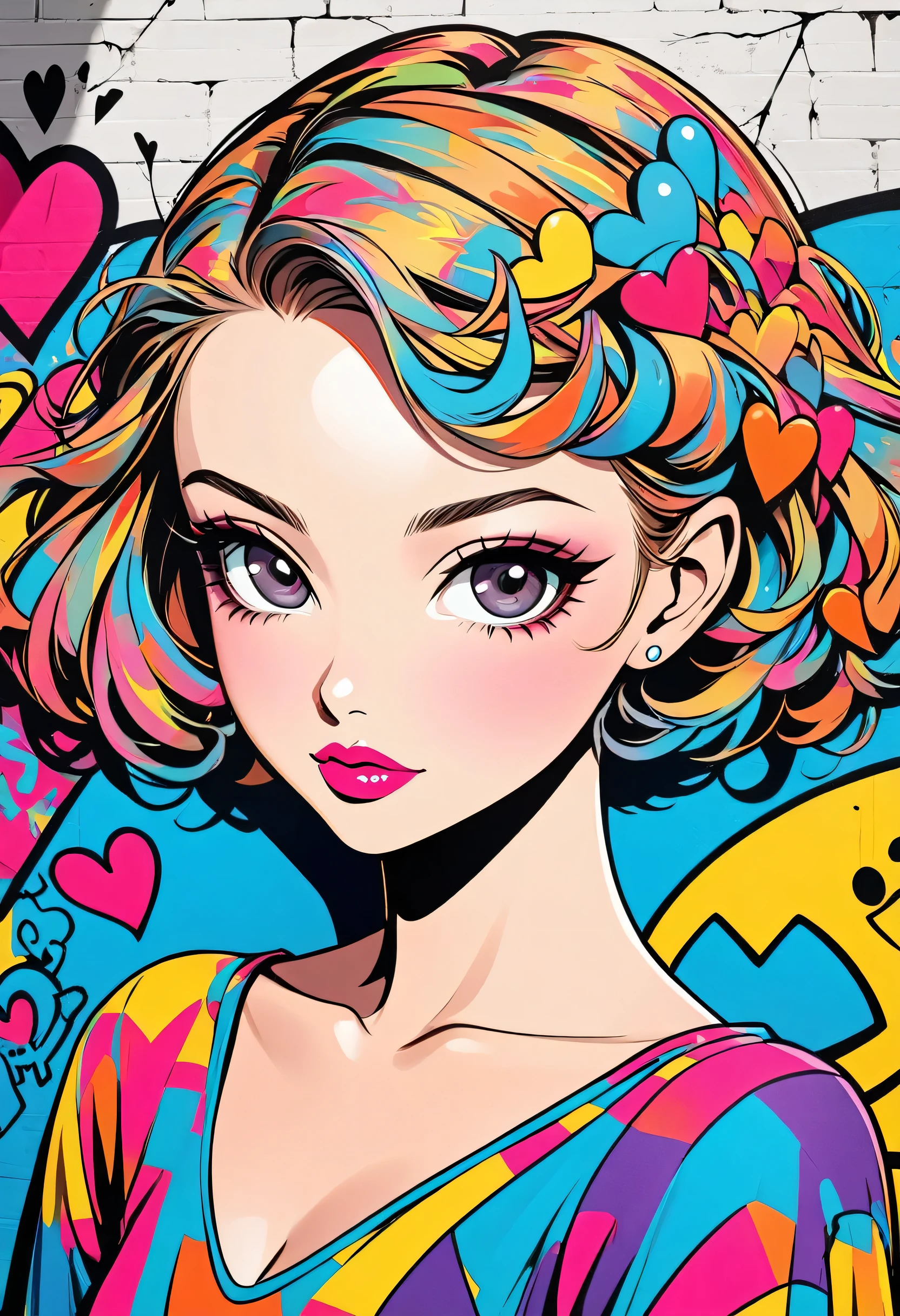 Ultra-realism Keith Haring colorful style, Simple Line Initialism，Abstract art，(((The most beautiful girl of all time))), Sweet face. Lips in love, colorful hearts, stylish design, Summer Skull, Dark Eyes, Graffiti on the wall