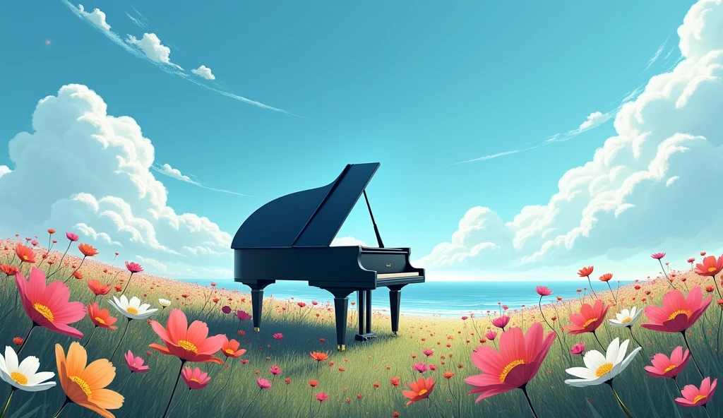 「Under the blue sky、グランドpianoが置かれたFlower Field、黒いグランドpiano、White fluffy clouds、Fantastic landscape」 「グランドpiano、Mysterious atmosphere、Digital Art」 「piano、Flower Field、Fantastic landscape、Silence、Lonely」Flowers swaying in the wind、Cosmos in a variety of colors, including red, white, pink, and yellow、You can see the ocean