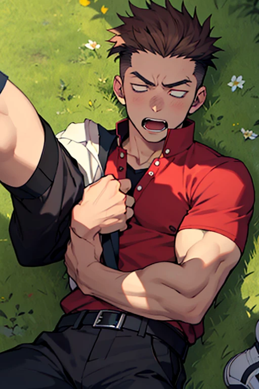 One boy, alone, Iris, Point pupils, Brown Hair, short hair, gakuran, Black jacket,Red Shirt、Black Belt, Black trousers, bad、Riverbank、On the grass、Sleep with your legs apart,　Scream　Upper Body