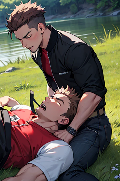 One boy, alone, Iris, Point pupils, Brown Hair, short hair, gakuran, Black jacket,Red Shirt、Black Belt, Black trousers, bad、Riverbank、On the grass、Sleep with your legs apart,　Scream　Upper Body