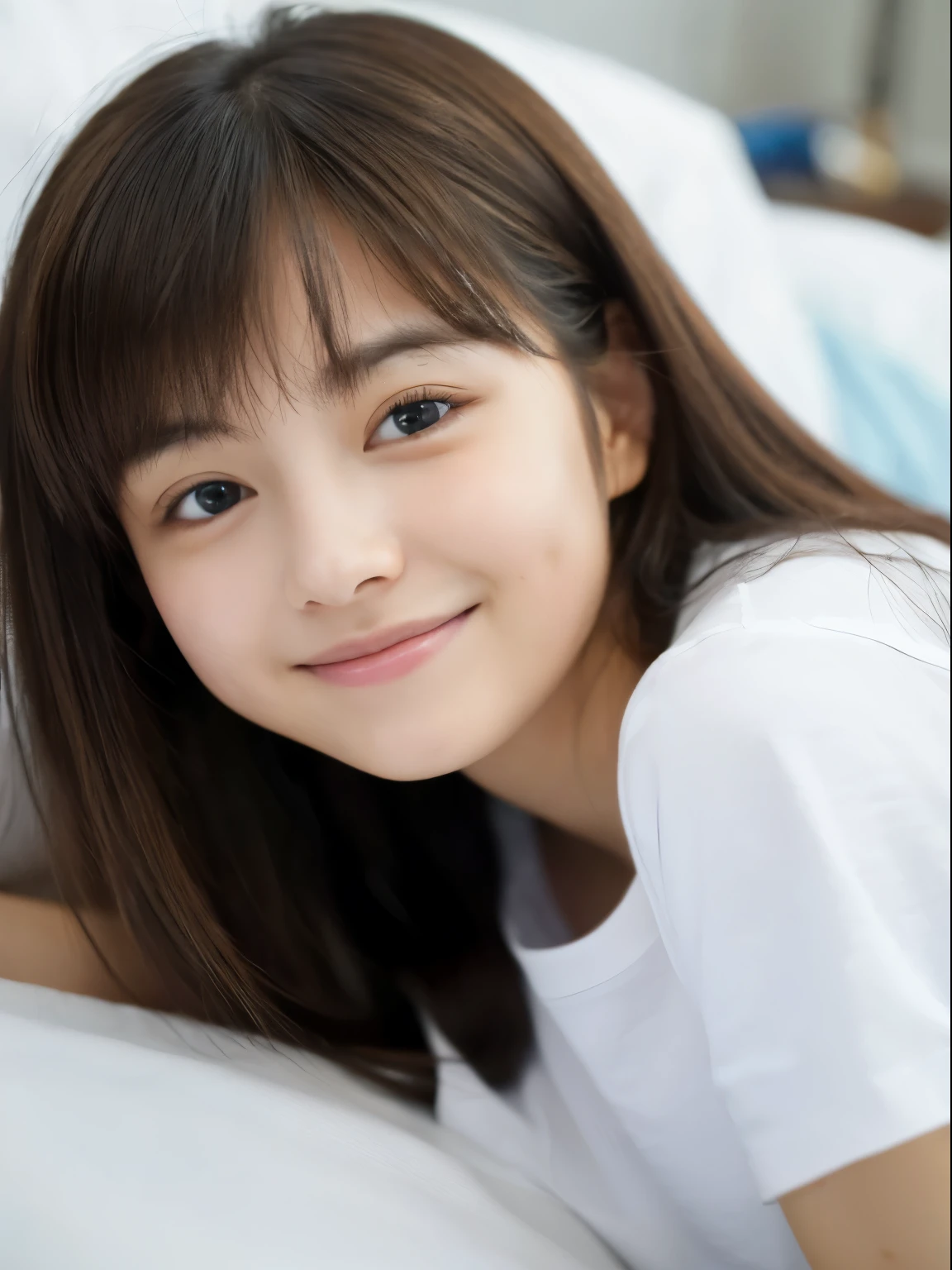 (8k, Top quality, Masterpiece:1.2), (Realistic, photo-realistic:1.37), Super detailed, perfect anatomy, cute, small eyes, 18 years old, a Japanese, girl, lying bed, short sleeve, half smile,