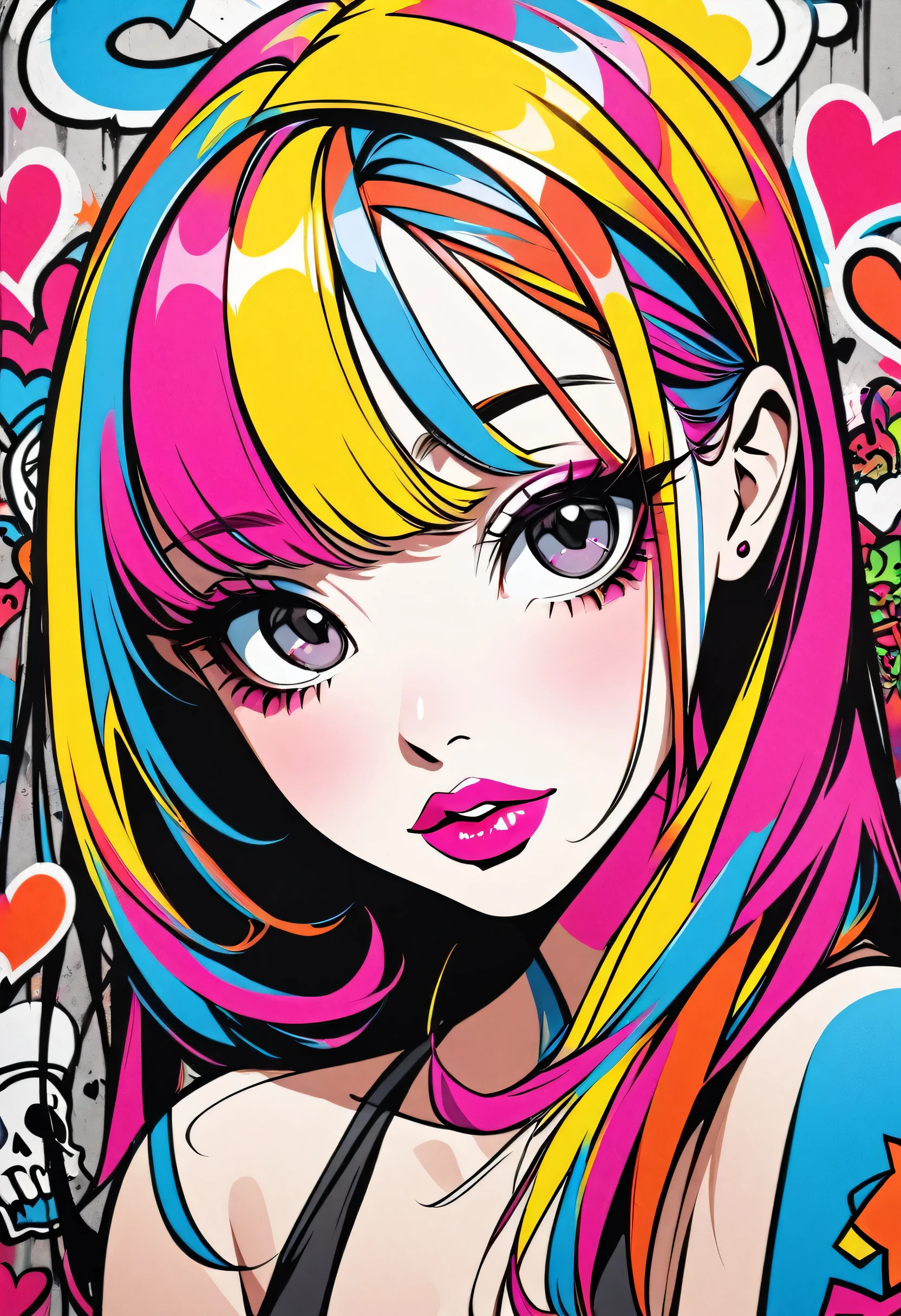 Ultra-realism Keith Haring colorful style, Simple Line Initialism,Abstract art,(((The most beautiful girl of all time))), Sweet face. Lips in love, colorful hearts, stylish design, Summer Skull, Dark Eyes, Graffiti on the wall