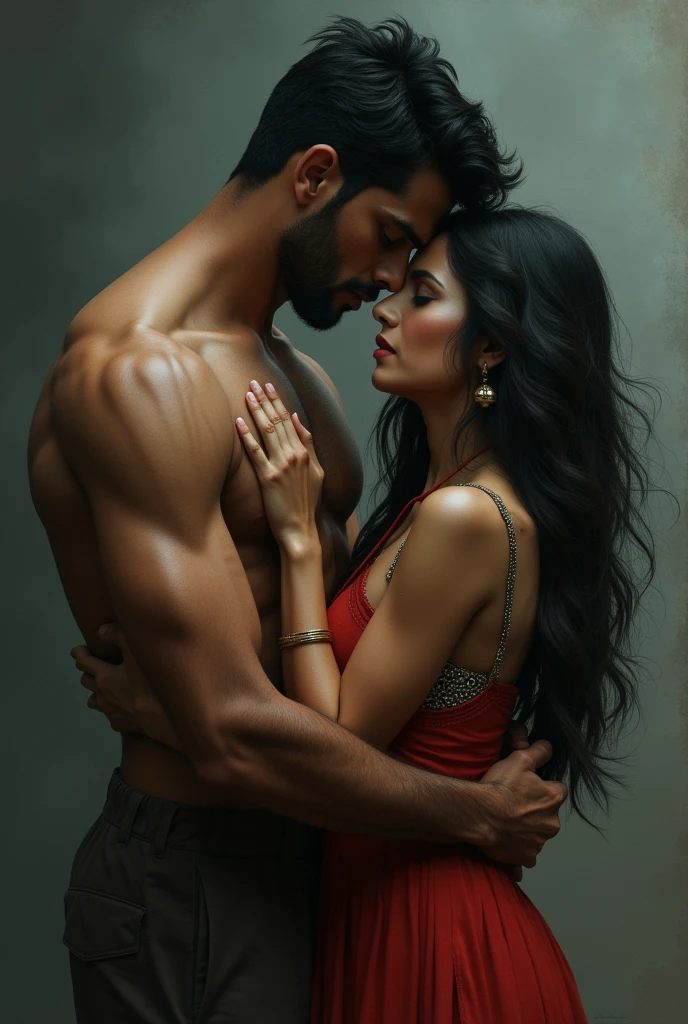 Two sexy indian handsome men and one Indian cute woman hugging, but sad