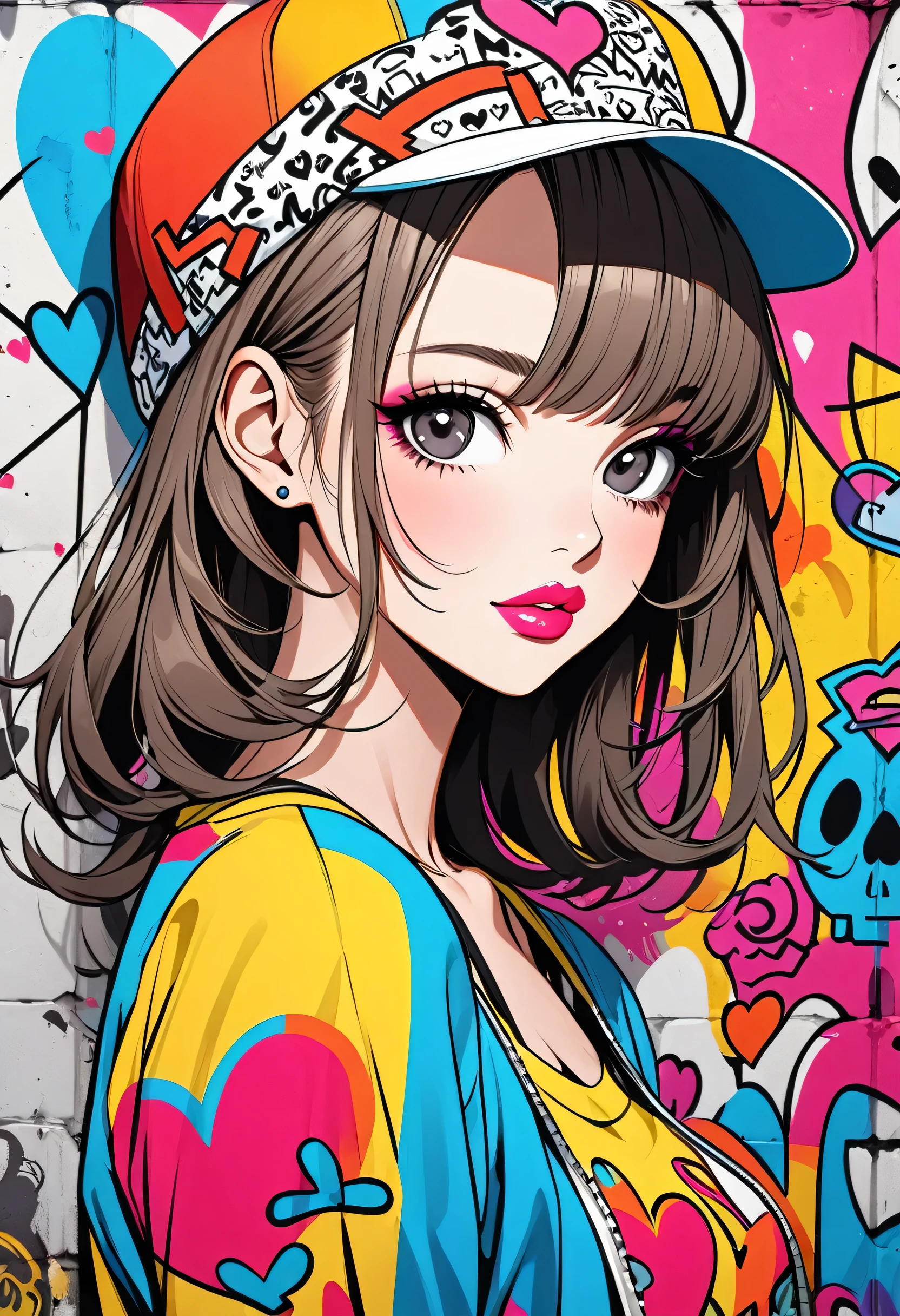 Ultra-realism Keith Haring colorful style, Simple Line Initialism，Abstract art，(((The most beautiful girl of all time))), Sweet face. Lips in love, colorful hearts, stylish design, Summer Skull, Dark Eyes, Graffiti on the wall