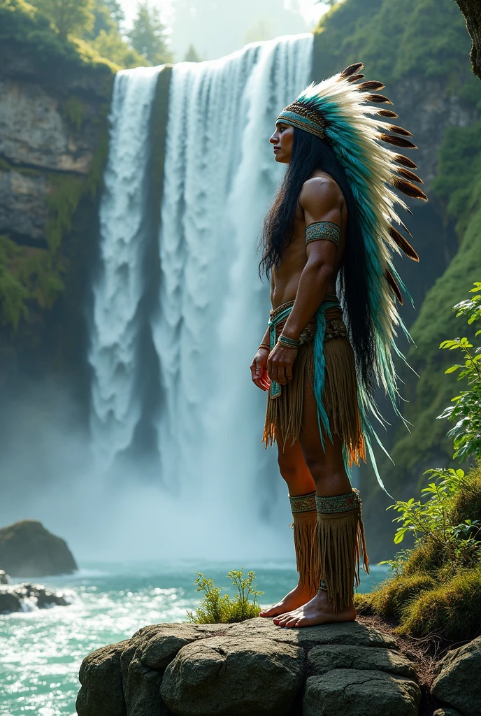 American Indian with black hair, wearing a headdress with light blue and green feathers at a waterfall standing on a rock