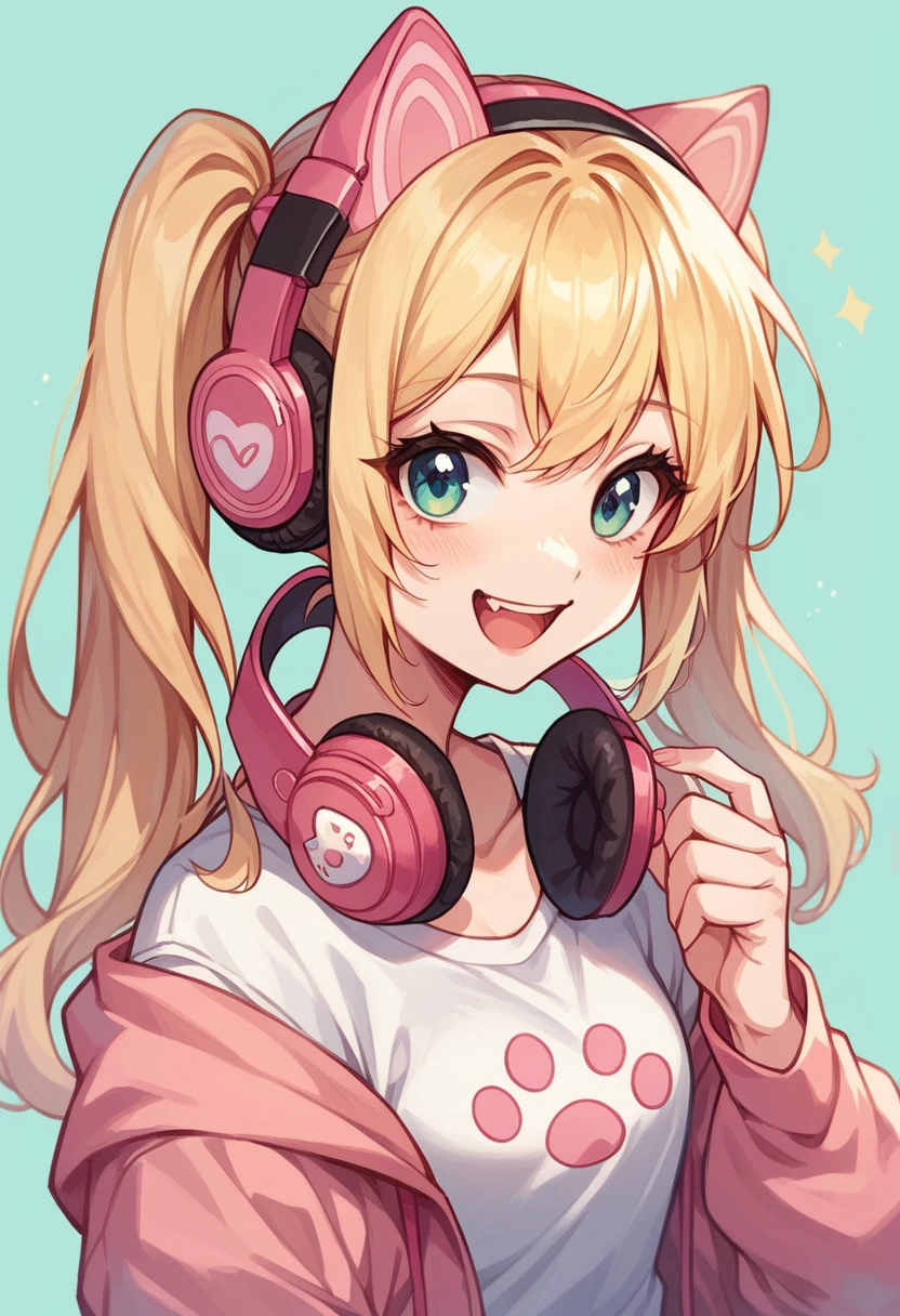 (masterpiece:1.2), (best quality:1.2), (adorable), gamer girl), blonde hair, pigtails, (pink cat ear headphones), (very cheerful), casual attire, (neutral background)