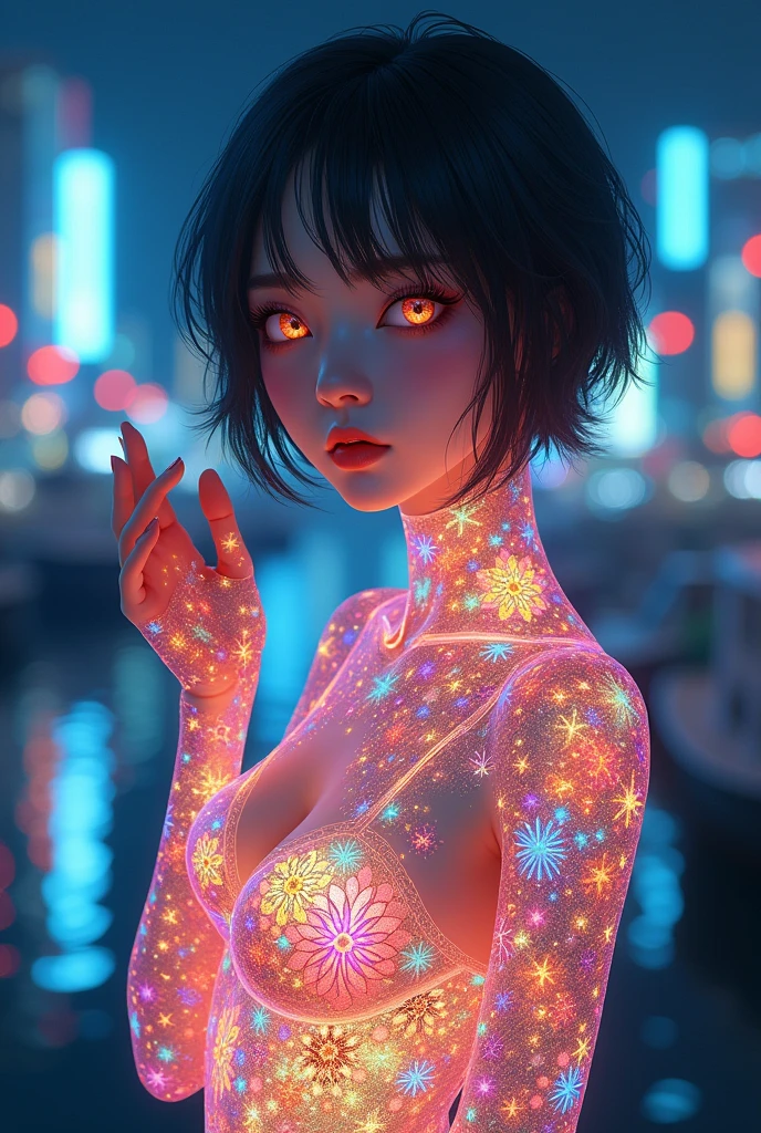 masterpiece, Highest quality), 8k,(((Very detailed))), Race:1.8,Super intricate Race pattern, colorful Race pattern, Stained glass transparent body, Cool-style light, Mandala,light up,cold, 1 female,Open Back, 18 years old、Japanese, Photo of Lee Jae, tumbler, sultry body with セクシー belly, Sexy girl, Young sensual elegance, Sexy body, Sexy look, Very Short Hair、Taken with the beautiful harbor night view as the background、 Intelligent face、Narrow waist、Large Breasts、drool coming out of the mouth、Smile a little、EOS 50ｍｍ F2, Blur the background、Ass、Lighting the face、whole body、Raise your hand、Thighs、