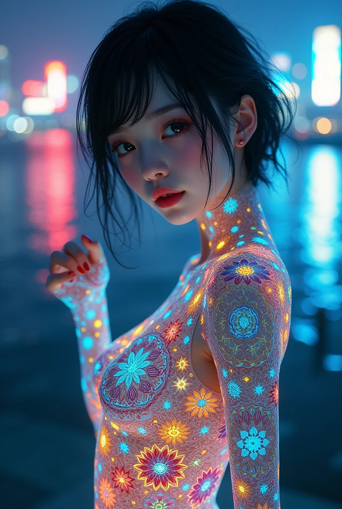 masterpiece, Highest quality), 8k,(((Very detailed))), Race:1.8,Super intricate Race pattern, colorful Race pattern, Stained glass transparent body, Cool-style light, Mandala,light up,cold, 1 female,Open Back, 18 years old、Japanese, Photo of Lee Jae, tumbler, sultry body with セクシー belly, Sexy girl, Young sensual elegance, Sexy body, Sexy look, Very Short Hair、Taken with the beautiful harbor night view as the background、 Intelligent face、Narrow waist、Large Breasts、drool coming out of the mouth、Smile a little、EOS 50ｍｍ F2, Blur the background、Ass、Lighting the face、whole body、Raise your hand、Thighs、