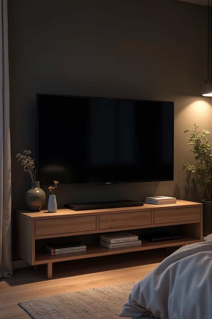 TV stand, dark wall with black oled, in 8k personal room seen from the corner of the room