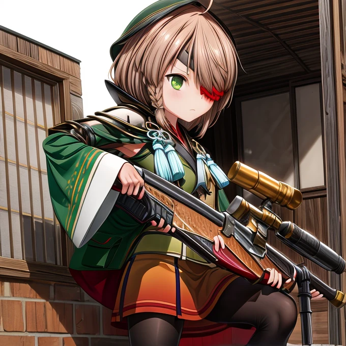 He is holding his rifle in front of a burning house, enduring pain, yamamoto kansuke, light brown hair, short hair, single braid, hair over one eye, ahoge, eyepatch, green eyes, pantyhose