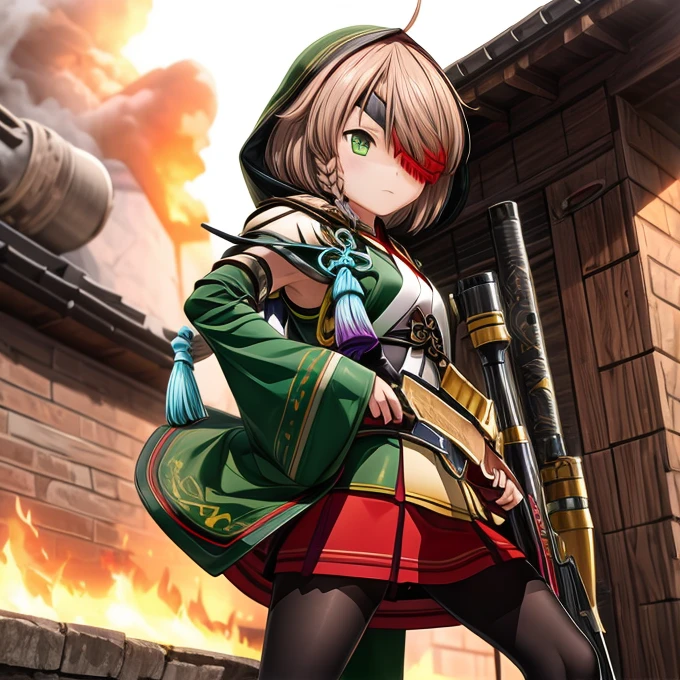 He is holding his rifle in front of a burning house, enduring pain, yamamoto kansuke, light brown hair, short hair, single braid, hair over one eye, ahoge, eyepatch, green eyes, pantyhose