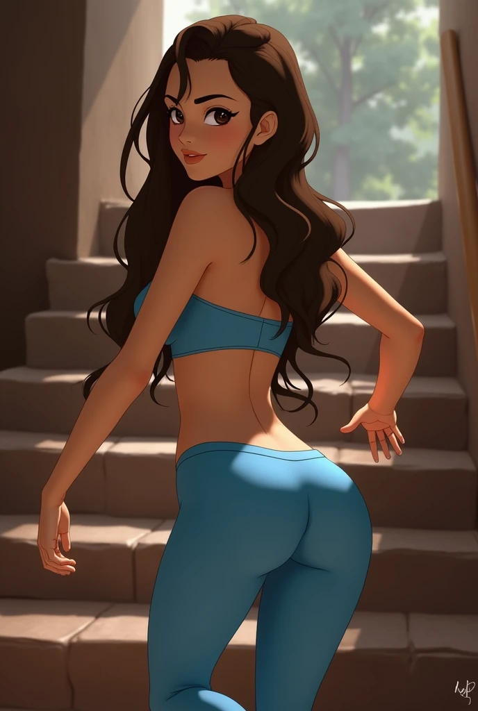 Emphasis buttocks , Cute Princess Katara Wearing leggings and top strapless blue, showing off her beauty, climbing stairs, indoor , emphasis buttocks 