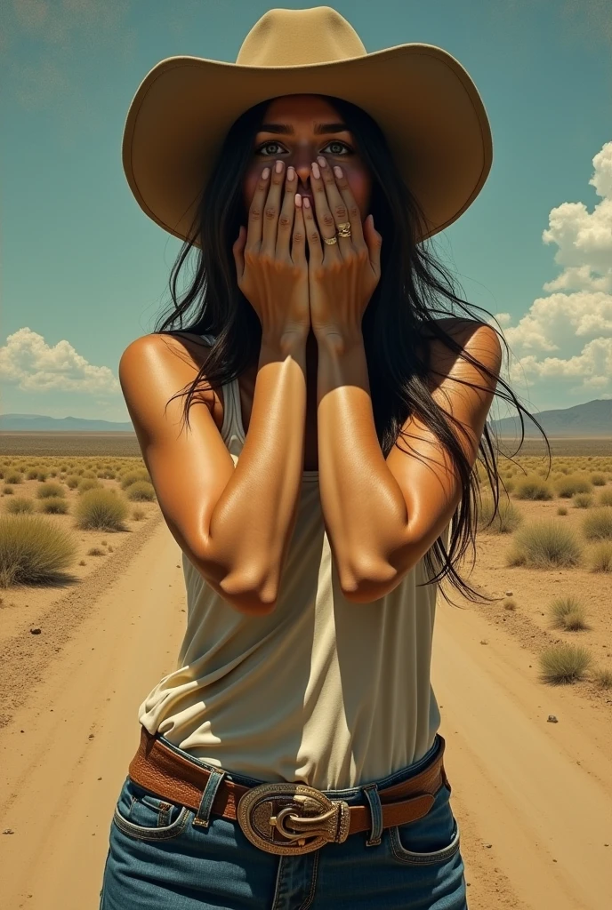 A work of the scream but in a cowgirl version with her hands on her face and a ring on her hand.