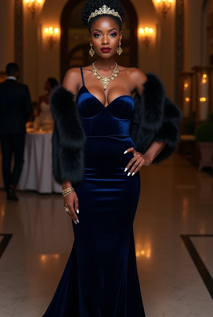 looking at viewer, Black beautiful female, Age: 20 age-old, Black hair , chignon , beautiful black eye, little smile, (C cup breasts, slender whist, middle hip),(Royal Navy color Princess dress, evening long dress:1.3), Velvet Fabric, Mink fur covering the shoulders、Crew neck dress、Dress with shoulder decoration,stockings, HI heals, gold ring earring, gold neckless, bracelet, gorgeous tiara , standing on floor, evening dinner Party , night, UHD, accurate, anatomically correct, textured skin, super detail, high details, high quality, best quality,