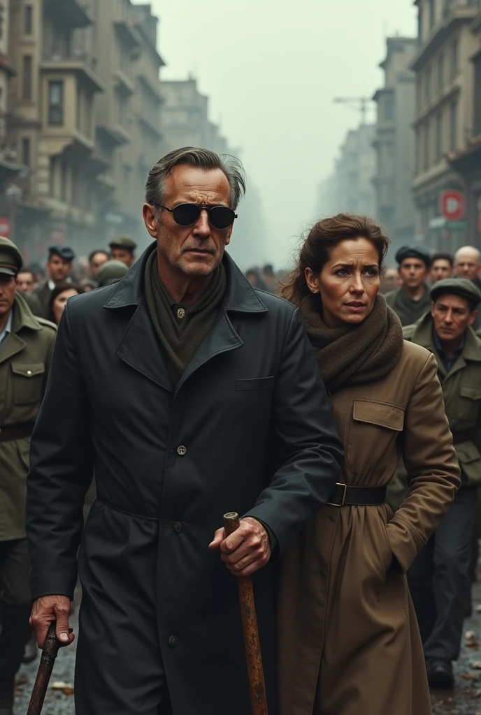 Berlin after World War II The blind man stumbling through the crowd, with his cane and sunglasses, as Greta watches with an expression of empathy and concern