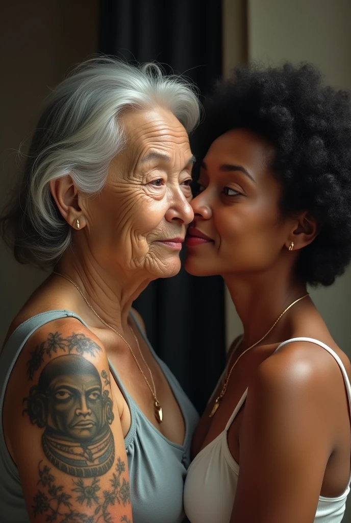 An elderly Asian woman with a tattoo standing next to her young Black girlfriend