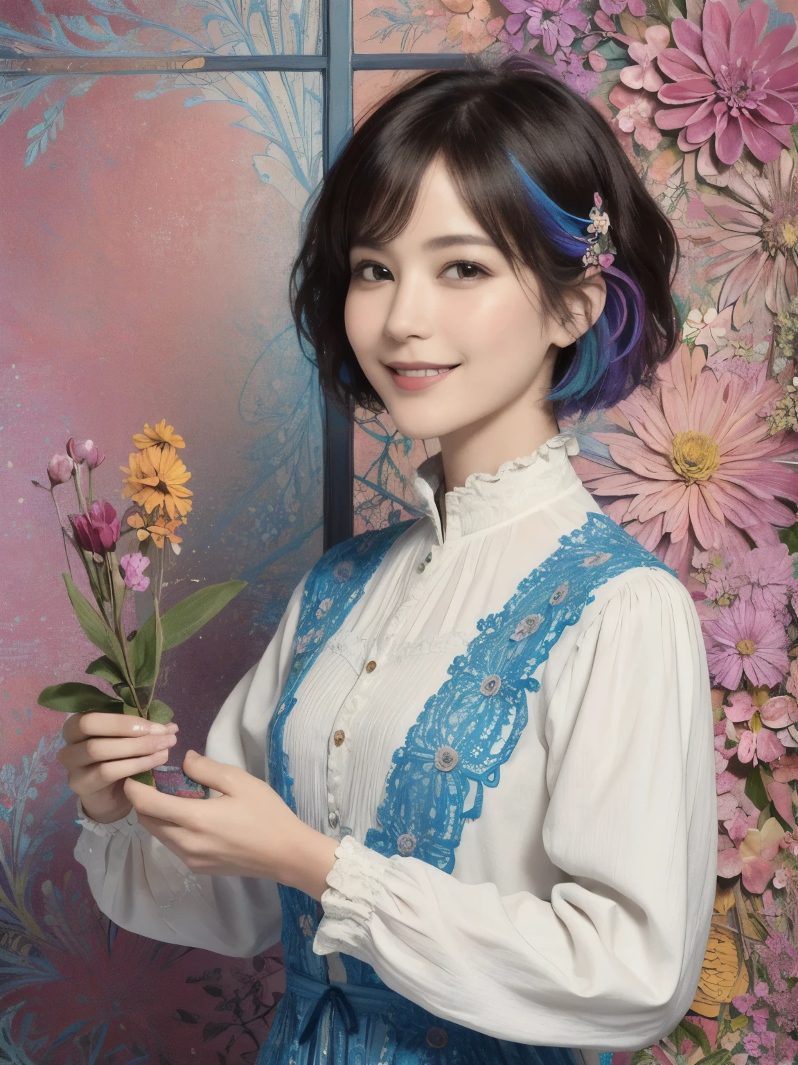 271 (20-year-old woman,short hair), (masterpiece, Highest quality, beautiful:1.2), Very detailed, (Fractal Art:1.1), (colorful:1.1), (flower:1.3), whole body, (Abstract background:1.3), (Many colors:1.4), (Old-fashioned smile), (window)