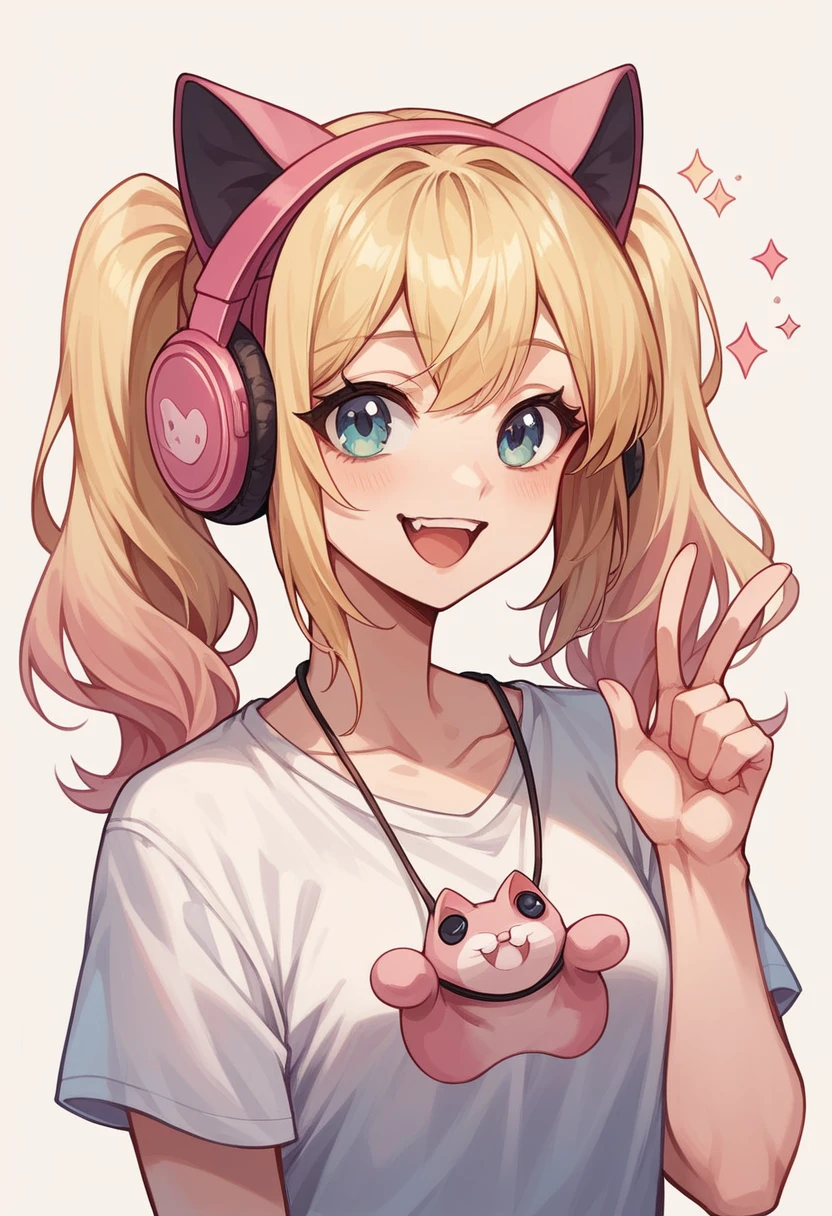 (masterpiece:1.2), (best quality:1.2), (adorable), gamer girl), blonde hair, pigtails, (pink cat ear headphones), (very cheerful), casual attire, (neutral background)