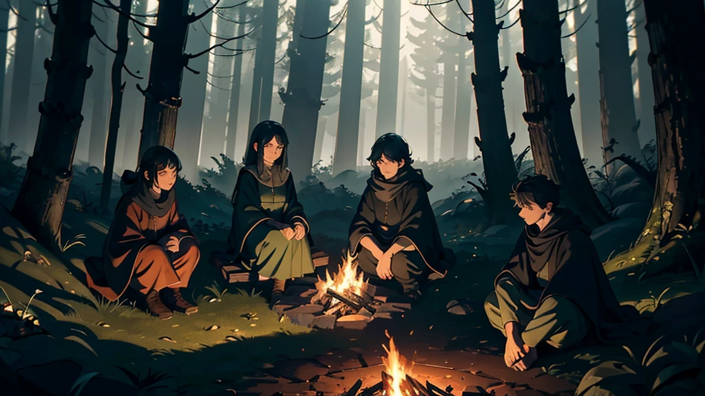 Masterpiece, high quality, comforting atmosphere, dark fantasy style, a small clearing in a shadowy forest, a softly glowing campfire at the center, surrounded by ancient, moss-covered stones. Four travelers resting around the fire, dressed in dark cloaks, their faces softly illuminated by the gentle flames, with serene and relieved expressions. Gentle moonlight filtering through the trees, leaves slowly drifting down. Detailed fire crackling, with shadows dancing on the surrounding trees. The background reveals a dense, dark forest, but the campfire's light creates a cozy contrast, suggesting safety and rest. Calm atmosphere, with a slight mist in the background.