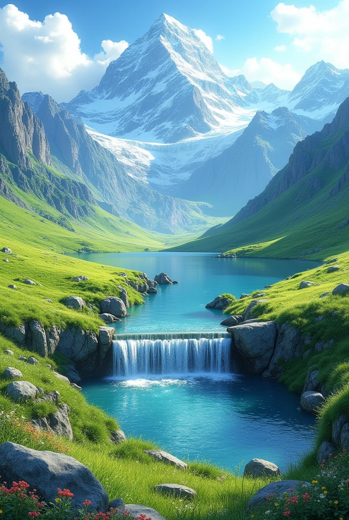 A landscape view of green meadows in mountains with a little snow and a waterfall with blue lake there in a realistic view