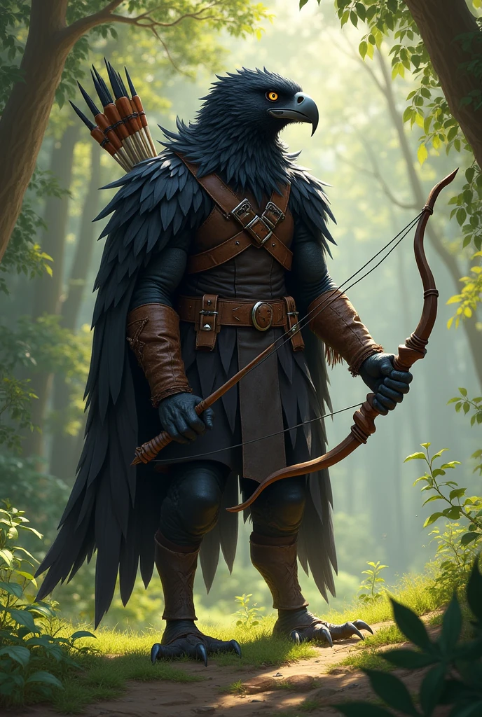 A Black Aarakocra, ranger, wearing leather armor using his bow and arrow to hunt, WITH A HAWK&#39;S FACE, showing the whole body