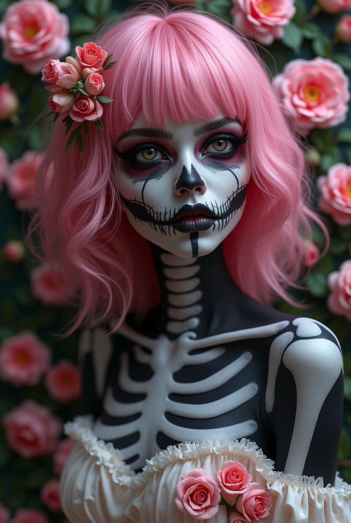 ((Artwork, high quality)), (girl), (black skin), (pink hair), (partially skeletal), (surrounded by flowers), (wearing a dress), (zombie-like appearance).






