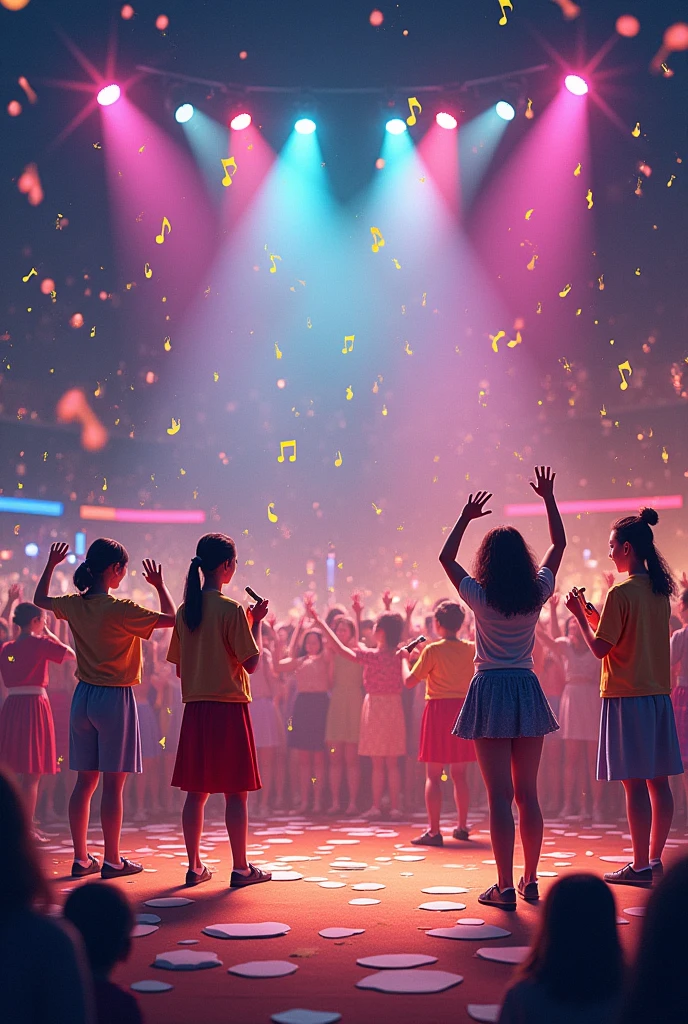 Here are the five PROMS in Spanish:
1. **Musical Talent Presentation**: Imagine a group of students playing different instruments on a vibrant stage under colorful lights. One plays a grand piano, another strums an electric guitar, while another keeps the rhythm on a drum set. background, music notes can be seen floating in the air, and the students are visibly passionate, completely immersed in their performance. The public, composed by other students, Applause and cheers, showing their support and enjoyment.
2. **Gallery of Artistic Expression**: Visualize a wide, well-lit art gallery, filled with diverse art forms. paintings, sculptures, stained glass and digital art are displayed on easels and walls. Students admire the artwork while some explain their creations to others. The atmosphere is one of creativity, with art materials scattered on tables and some students drawing or painting on the spot, deeply focused on their work.
3. **Cultural Gastronomic Festival**: Imagine an outdoor festival with various food stalls, each decorated with flags and cultural symbols from different countries. Students are cooking and serving traditional dishes, wearing chef aprons and hats. The aroma of various cuisines fills the air, and the atmosphere is lively, with students and visitors enjoying the food at picnic tables. There is a sense of diversity and excitement as everyone explores the different flavors.
4. **Dance and Theatre Presentation**: Visualize a stage with a group of students in colorful costumes, performing a dynamic dance routine that mixes different styles, from ballet to hip-hop. background, a dramatic play is being performed, with students in elaborate costumes reciting emotional dialogues. The lighting changes according to the mood of the performance, highlighting the intensity and passion of the artists.
5. **Writing Circle C