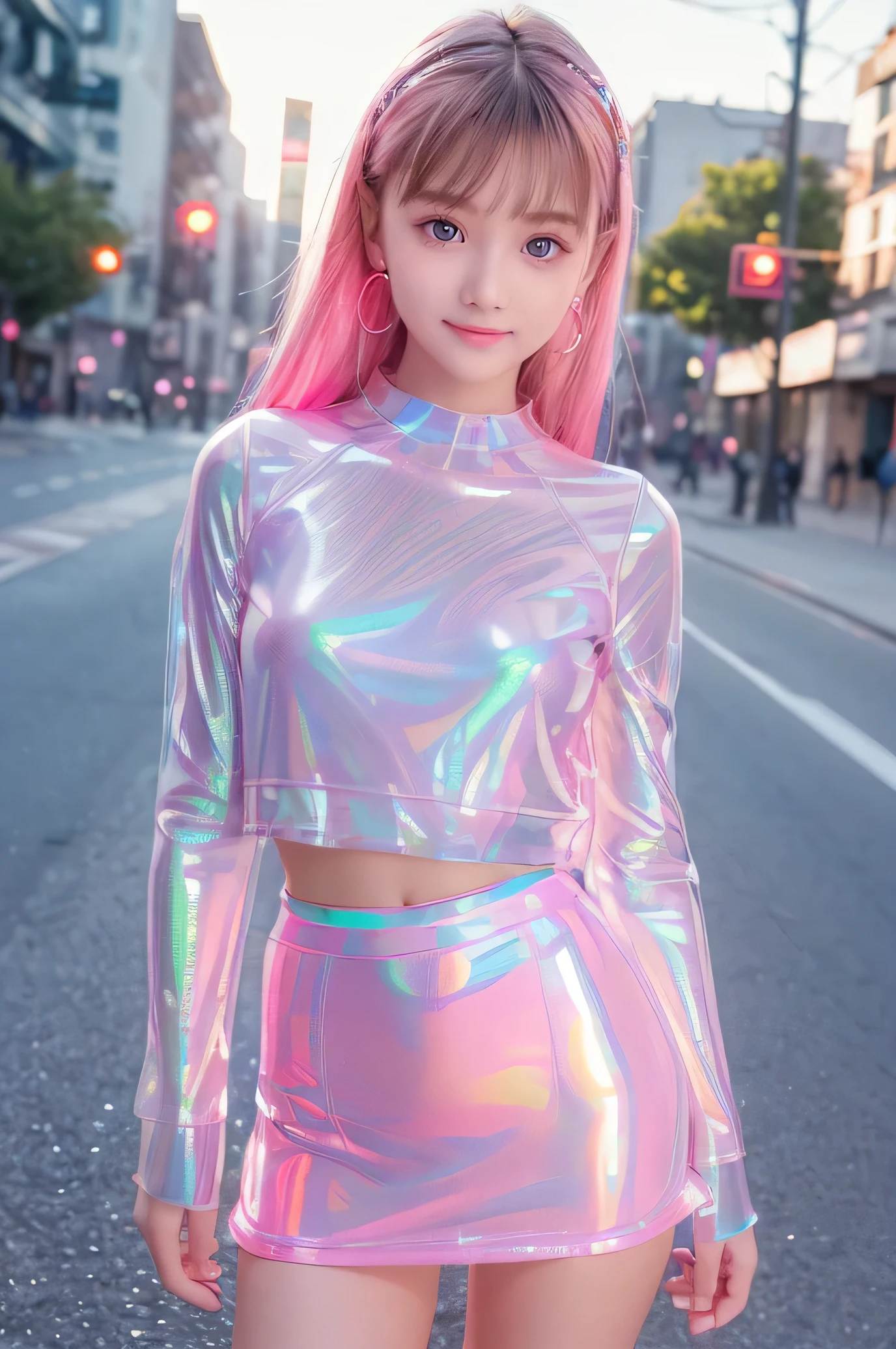 (super nice cute face:1.2),(Very beautiful cute girl),,16 yo,(beul clear Eyes with a  radiance:1.2), Beautiful detailed eyes, Detailed double eyelids, (smiling), (realistic photograph:1.1), long straight brown hair, (Super Shiny metallic neon pink transparent holographic  flare mini Skirt:1.1), (Super shiny neon pink transparent holographic fashionable summer tops:1.1),in the street ,panty 