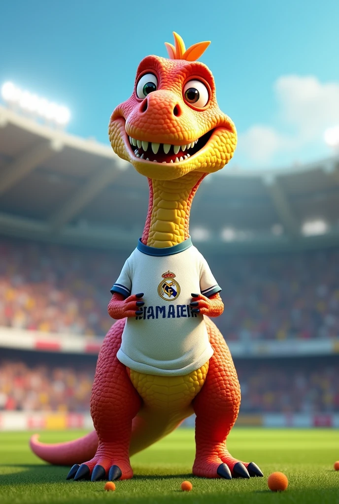 An animated dinosaur wearing a Real Madrid shirt 