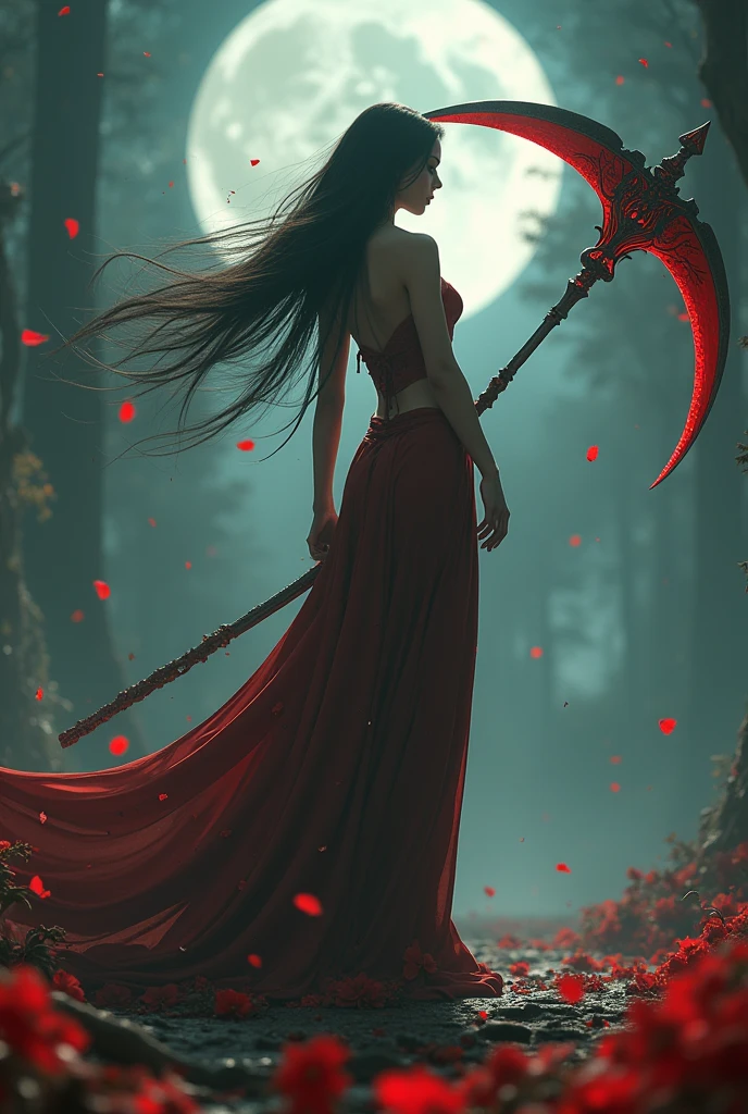 ((masterpiece, highest quality, Highest image quality, High resolution, photorealistic, Raw photo, 8K)), ((Extremely detailed CG unified 8k wallpaper)), (huge stunning goddess shot, very hot and sexy, jaw-dropping beauty, perfect proportions, beautiful body, slim body beauty:1.4), A girl wielding a huge scythe, movie poster, large "INFINITY" written at bottom of screen,