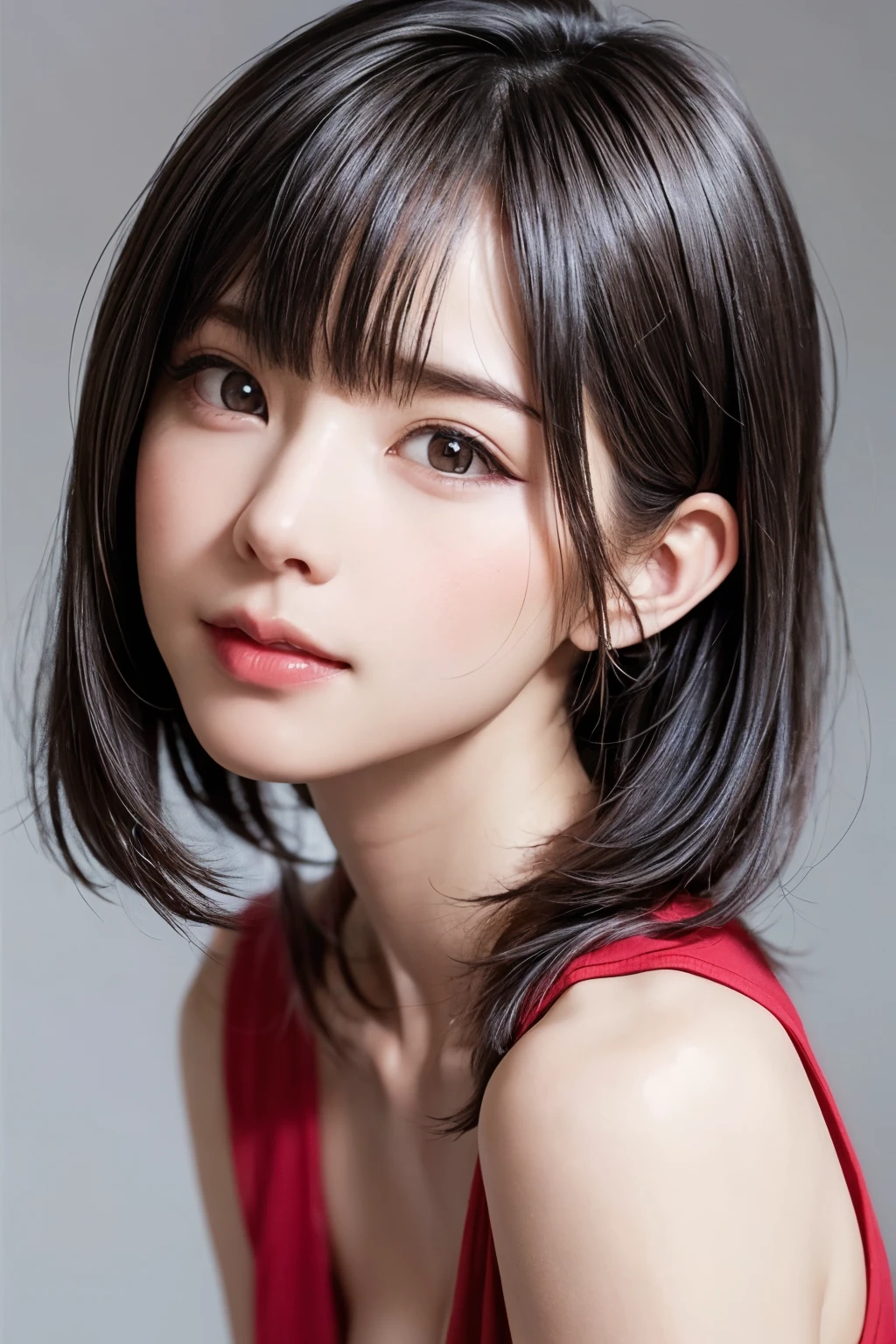 ((masterpiece, Highest quality, High resolution、Realisticですべてが美しく詳細に描かれている)), 1 person, (Realistic: 1.4), alone, White Background, snow-White Background, Mouth closed, smile, smile, Beautiful black hair, short hair, Big eyes, Transparent double eyelids, eyelash, Listen carefully, Long neck, 美しくLong neck, Absolute area, ((Face close-up)), (Draw the whole head, shoulder), 19 years old, Attractive proportions, Glowing Skin, Beautiful clavicle, Golden ratio face, Perfect Face, Teardrop-shaped mole, chestのほくろ, bangs, clean bangs, beautiful bangs, Lip gloss, Thin lips, Fair skin, , Big Bge|big|Hugeな|Mega} chest:2, chestの谷間:2,chestの谷間を見せる、Small face, Small face, All the heads are painted, shoulder all drawn, Point slightly above the camera
