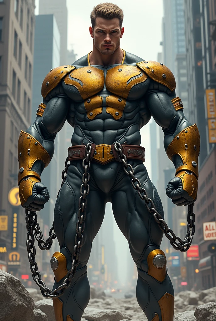 Create a superhero with chains and clothing in gray and bronze colors. , with bronze-colored hair and bronze-colored eyes