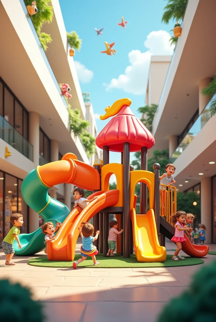 Playground with slide, swing and bouncy castle in a shopping mall