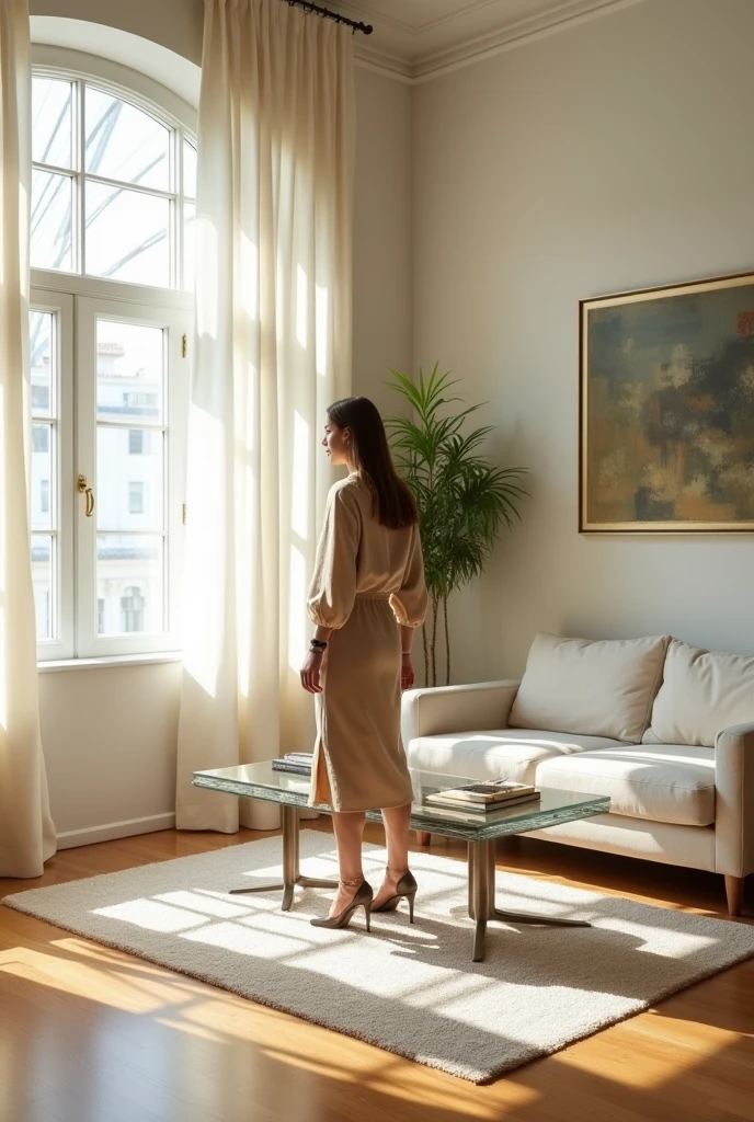 An elegant and modern interior space, Perfect for fashion photo shoots. The room is large, with large windows that allow soft natural light to enter, creating ideal lighting for photography. The walls are a neutral tone, like beige or light gray, to highlight the colors of the model's clothes and accessories. The floor is polished wood, adding a touch of warmth and sophistication to the space. There is minimalist and contemporary furniture, such as a clean-lined sofa in neutral tones, A glass coffee table, and some strategically placed green plants to add life to the environment. Light and flowing curtains in light tones frame the windows, while a modern work of art on one of the walls adds a touch of style. The environment conveys a feeling of elegance and tranquility, creating the perfect setting to photograph a model wearing sophisticated clothing