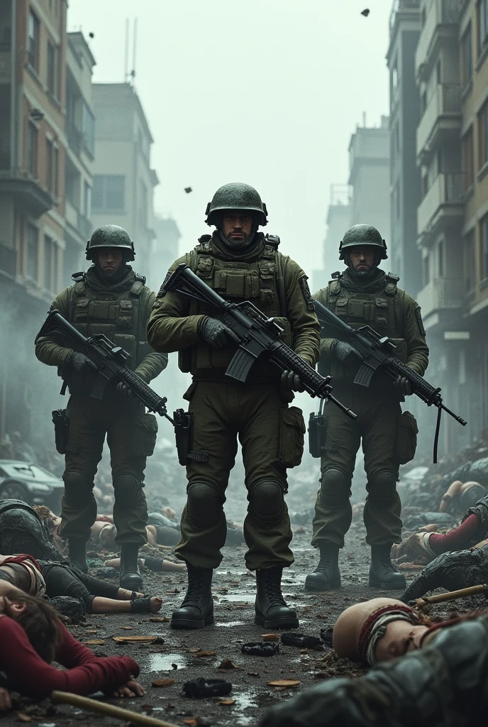 3 soldiers and a destroyed city, armed, karo, several civilian bodies, destroyed cars,destroyed properties,