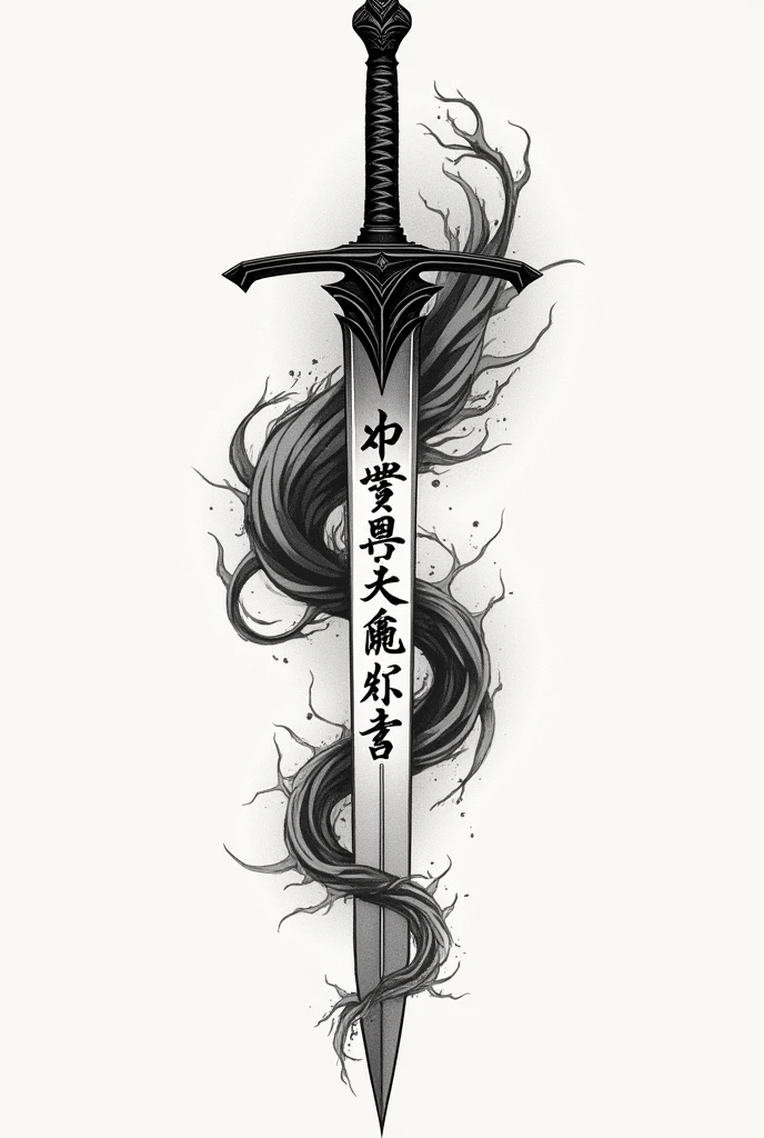 Spine sword tattoo with Japanese writing on it that means resilient, endurance, hopeful and growth