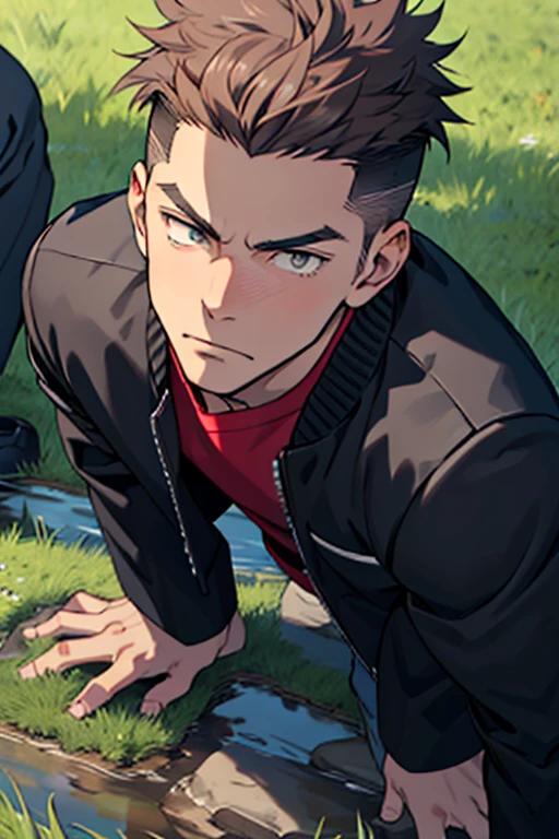 One boy, alone, Iris, Point pupils, Brown Hair, short hair, gakuran, Black jacket,Red Shirt、Black Belt, Black trousers, bad、Riverbank、On the grass、Close-up of face　