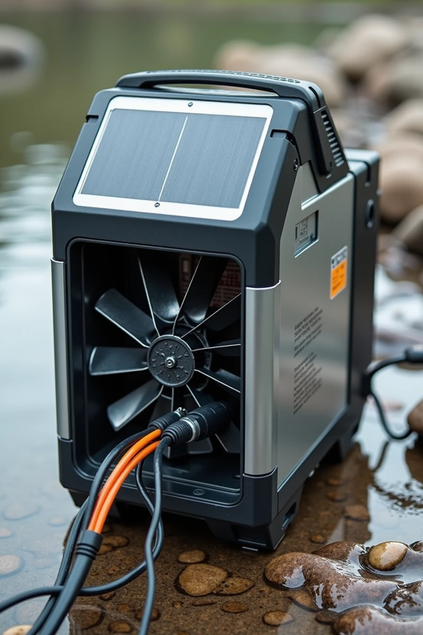 a portable machine combining Hydroelectric power generation using turbine blades and Solar Panel with mirror on both sides of the panel that can generate electricity with outlet and wires