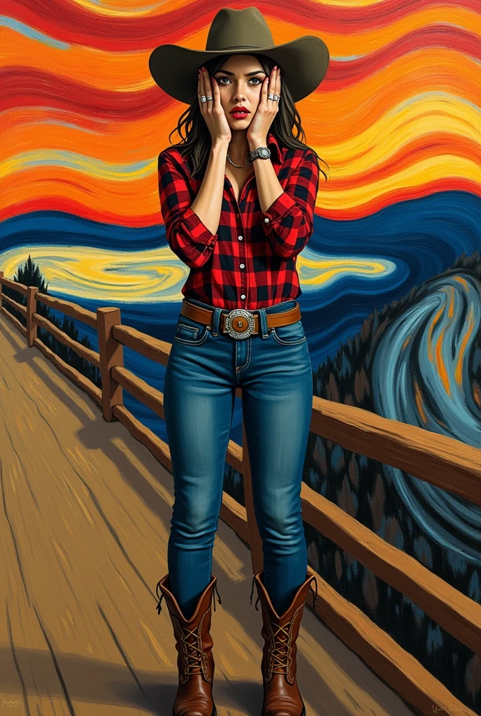 The work of the scream but in a cowgirl version with the hands on the sides of the face and with a ring in the hand