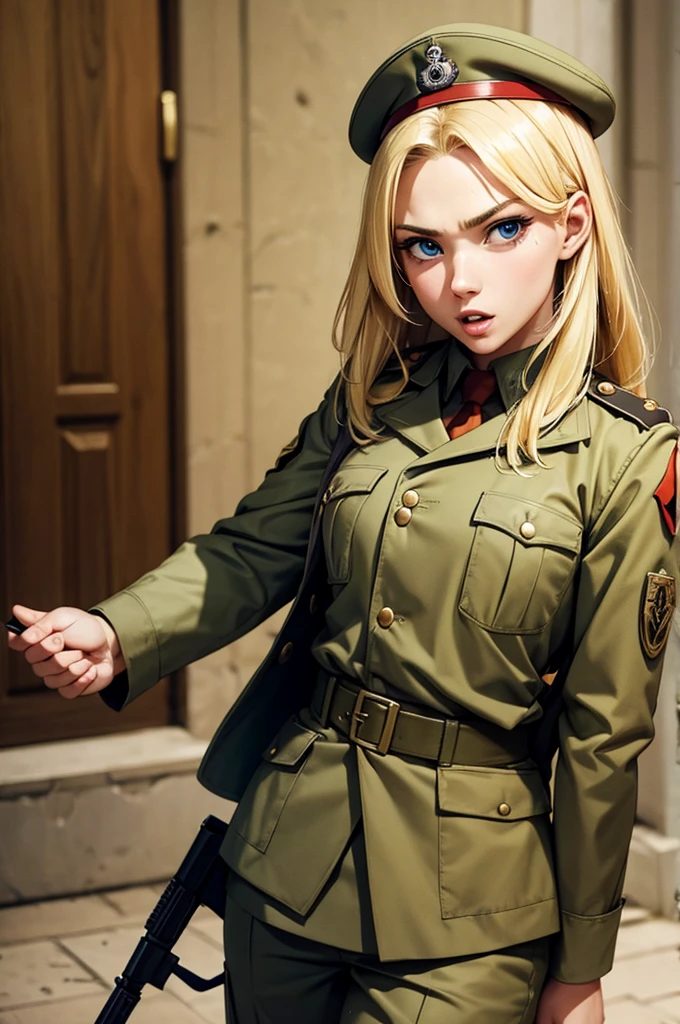 blonde soldier with crazy face
