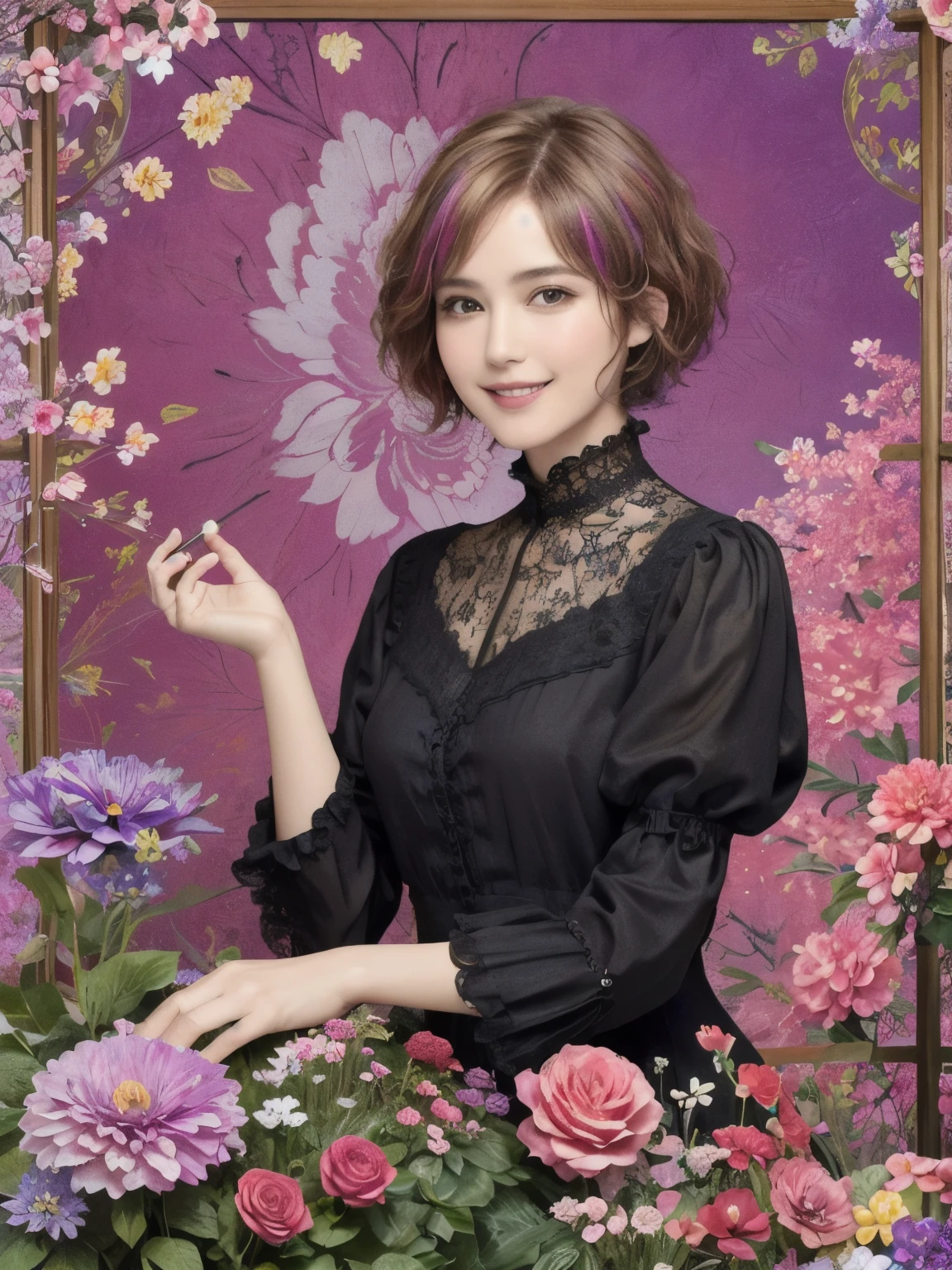 271 (20-year-old woman,short hair), (masterpiece, Highest quality, beautiful:1.2), Very detailed, (Fractal Art:1.1), (colorful:1.1), (flower:1.3), whole body, (Abstract background:1.3), (Many colors:1.4), (Old-fashioned smile), (window)