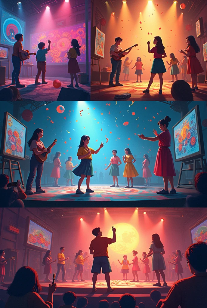 Here are the five PROMS in Spanish:
1. **Musical Talent Presentation**: Imagine a group of students playing different instruments on a vibrant stage under colorful lights. One plays a grand piano, another strums an electric guitar, while another keeps the rhythm on a drum set. background, music notes can be seen floating in the air, and the students are visibly passionate, completely immersed in their performance. The public, composed by other students, Applause and cheers, showing their support and enjoyment.
2. **Gallery of Artistic Expression**: Visualize a wide, well-lit art gallery, filled with diverse art forms. paintings, sculptures, stained glass and digital art are displayed on easels and walls. Students admire the artwork while some explain their creations to others. The atmosphere is one of creativity, with art materials scattered on tables and some students drawing or painting on the spot, deeply focused on their work.
3. **Cultural Gastronomic Festival**: Imagine an outdoor festival with various food stalls, each decorated with flags and cultural symbols from different countries. Students are cooking and serving traditional dishes, wearing chef aprons and hats. The aroma of various cuisines fills the air, and the atmosphere is lively, with students and visitors enjoying the food at picnic tables. There is a sense of diversity and excitement as everyone explores the different flavors.
4. **Dance and Theatre Presentation**: Visualize a stage with a group of students in colorful costumes, performing a dynamic dance routine that mixes different styles, from ballet to hip-hop. background, a dramatic play is being performed, with students in elaborate costumes reciting emotional dialogues. The lighting changes according to the mood of the performance, highlighting the intensity and passion of the artists.
5. **Writing Circle C