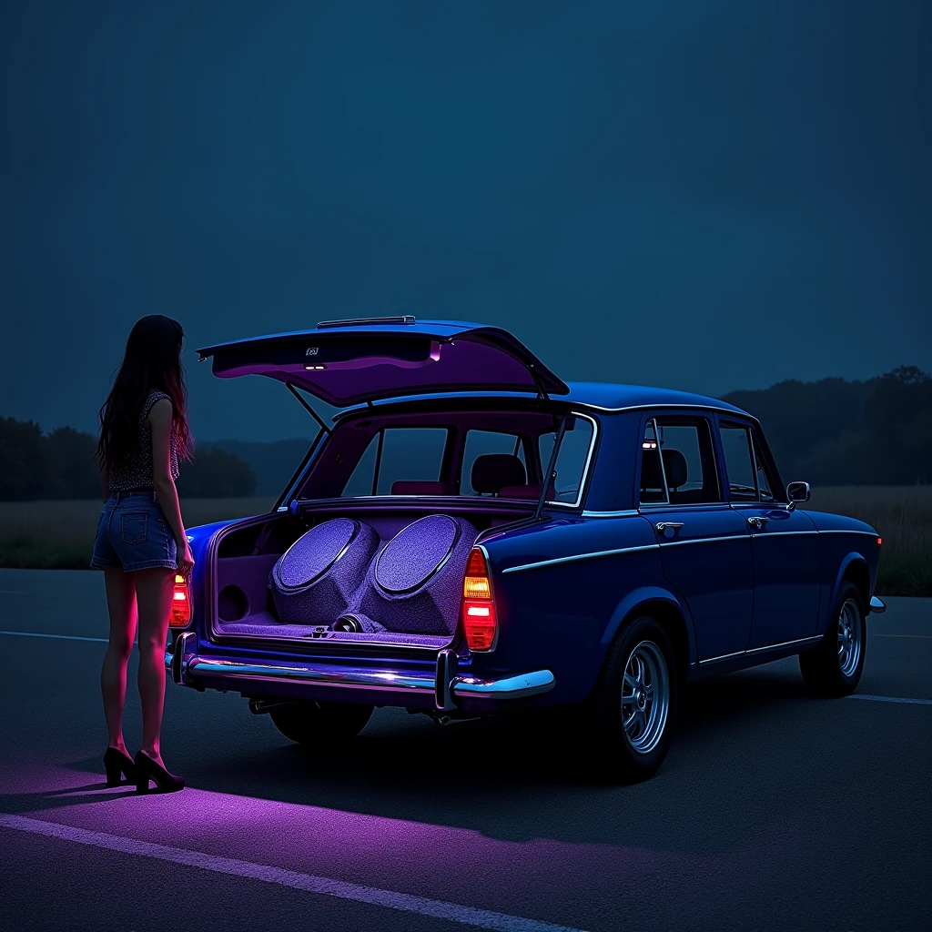 Lada Priora in midnight blue, I will design it as a night time scene. In this scene, The trunk of the vehicle is open, It will be full of sound system and there will be a beautiful girl next to the trunk. I&#39;m getting ready right away!