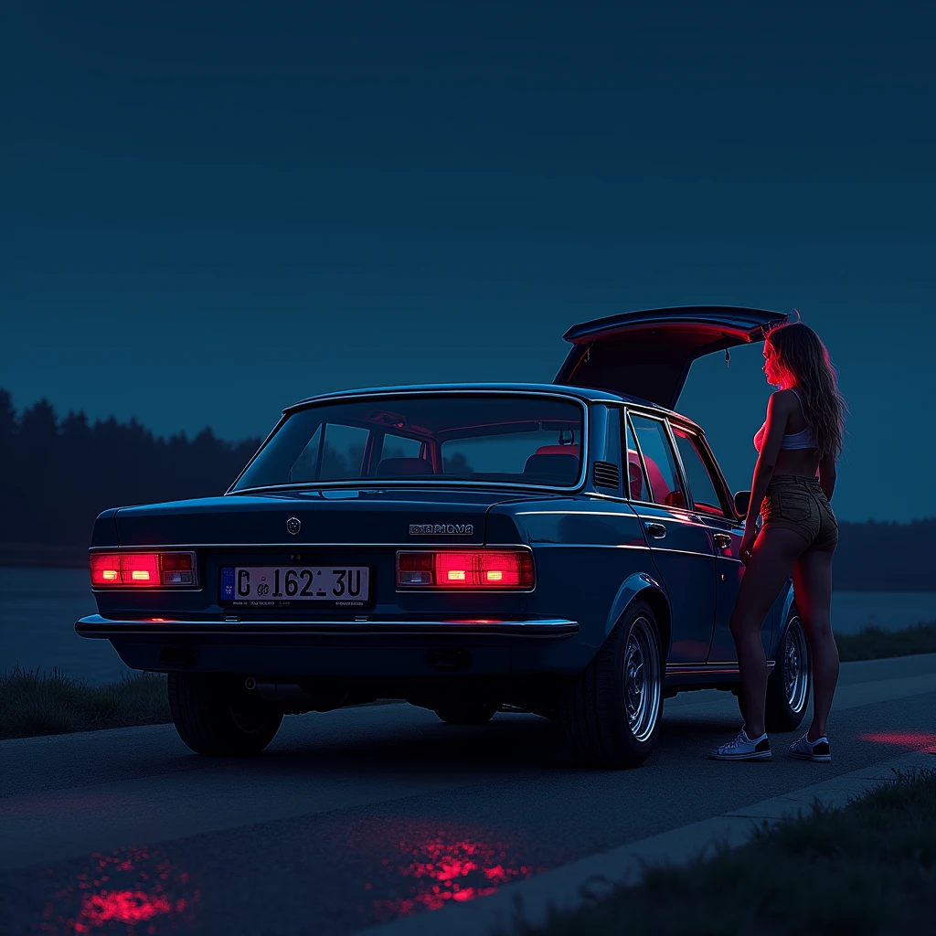 Lada Priora in midnight blue, I will design it as a night time scene. In this scene, The trunk of the vehicle is open, It will be full of sound system and there will be a beautiful girl next to the trunk. I'm getting ready right away!