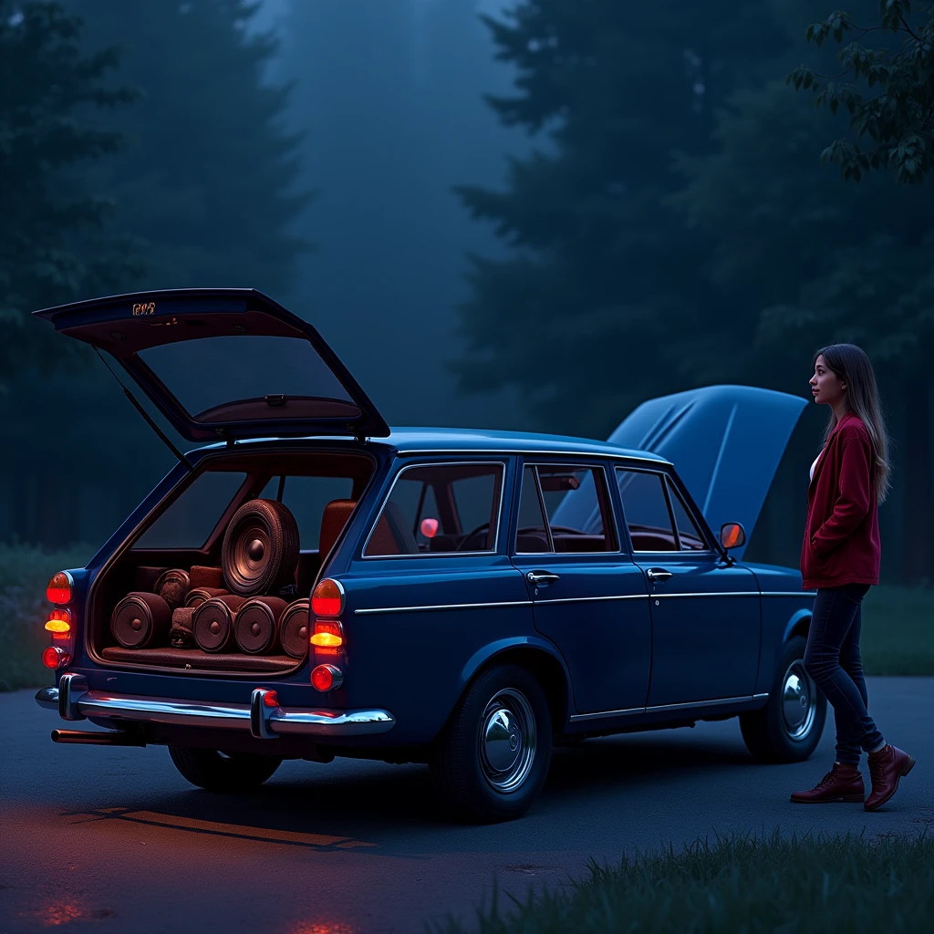 Lada Priora in midnight blue, I will design it as a night time scene. In this scene, The trunk of the vehicle is open, It will be full of sound system and there will be a beautiful girl next to the trunk. I&#39;m getting ready right away!